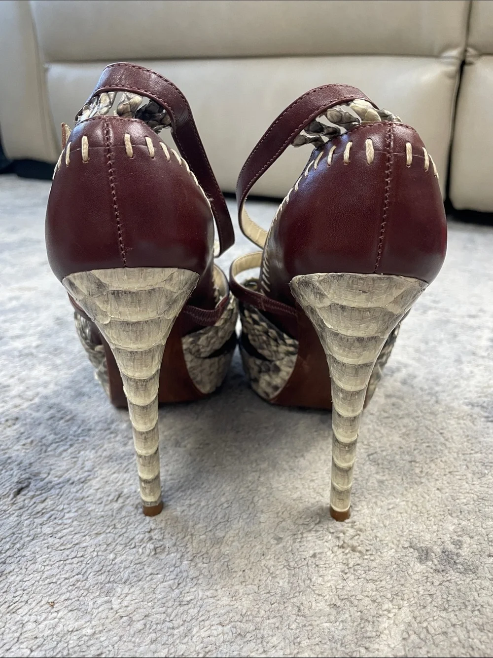 Alexandre Birman Python Leather Platform Heels Brown T Strap Size 9.5
